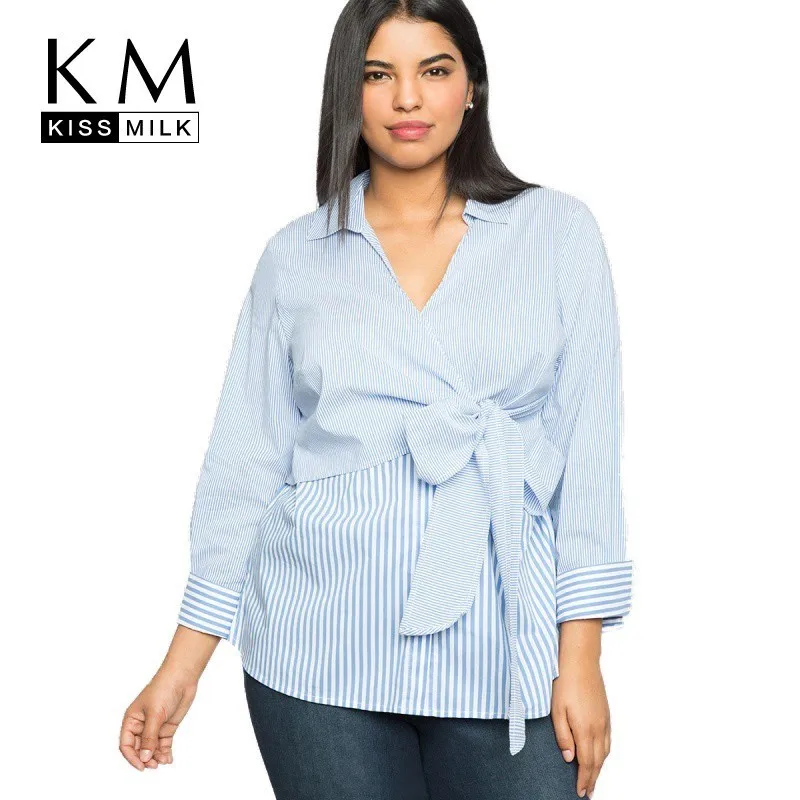 

Kissmilk Plus Size Wrap Front Stripe Button Down Top Shirt 3XL 4XL 5XL 6XL 7XL Long Sleeve New Arrival Autumn Spring