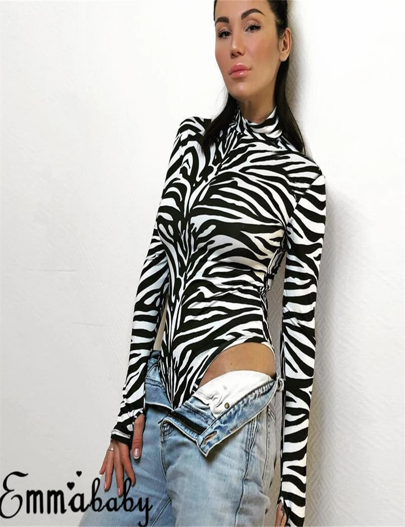 

Zebra skin Turtleneck Long Sleeve Bodysuit Sexy Bodycon Fashion Romper Womens Jumpsuit Overall Knitted Combinaison