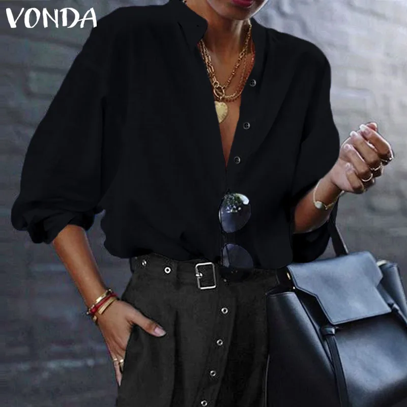2019 VONDA для женщин блузки для малышек Летняя мода офисные женские туфли белые рубашки фонари рукавом Глубокий V средства ухода за кожей