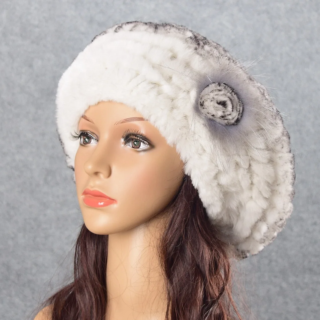 

Winter Fur Hat for Women Real Rex Rabbit Fur Hat Fur Flower Berets Knitted Beanie 2019 Sale high-End Famale Fur Cap Beanies