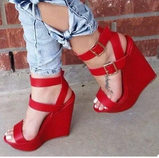 

Moraima Snc Red Wedge Sandals Open Toe Platform Heels with Buckles Woman Sexy Ankle Strap Clubwear Shoes Party Dress Heels