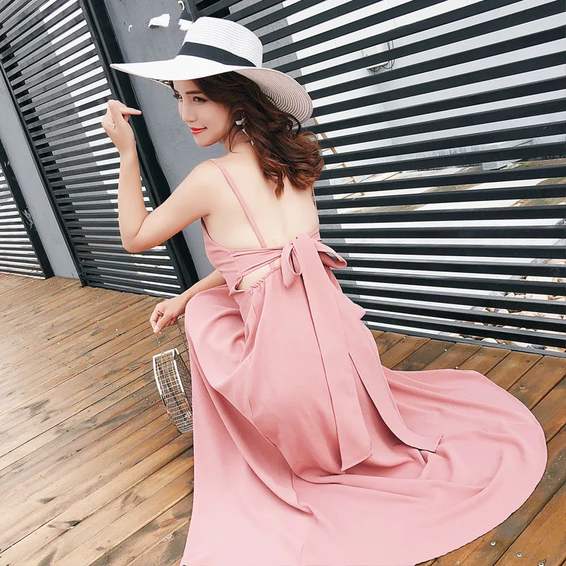 

Sexy Off Shoulder Strap Chiffon Summer Dresses Women Sleeveless Bow Dress Pink Elegant Holiday Loose Beach Party Dress Vestido