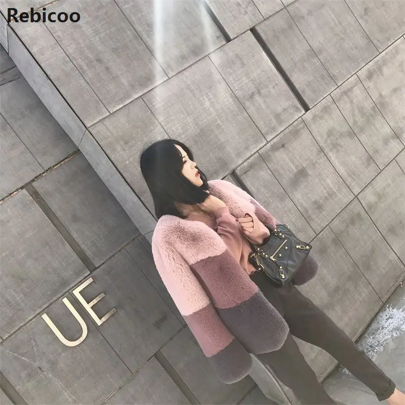 

Small Fresh Temperamental Fur Coat Winter Soft Imitation Rabbit Short Color Matching Fur Outwear Mujer Female Jacket