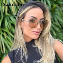 Оправа с цепочкой из сплава, квадратные солнцезащитные очки для женщин, роскошные брендовые солнцезащитные очки без оправы Vinatge, большие прозрачные оттенки(без цепи