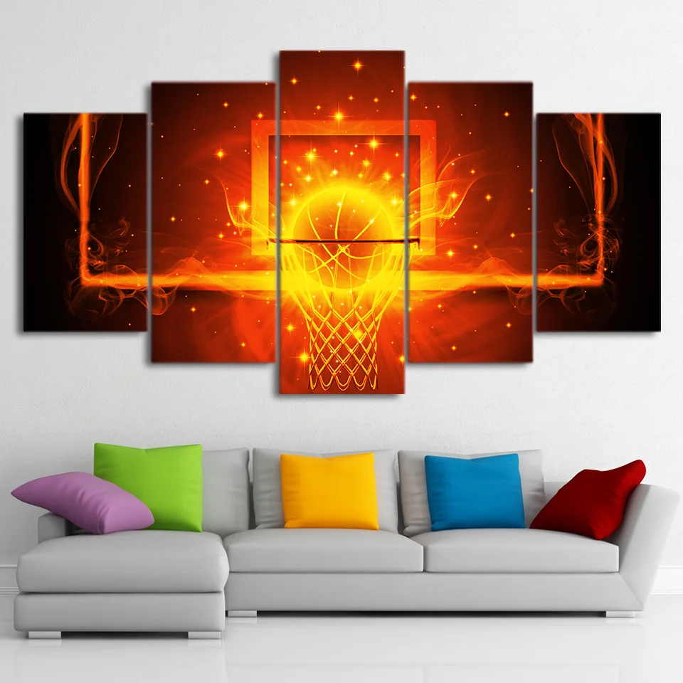 

Canvas Pictures Home Decor Room 5 Pieces Fire Basketball Circle Backboard Paintings HD Prints Sports Poster Wall Art Framework