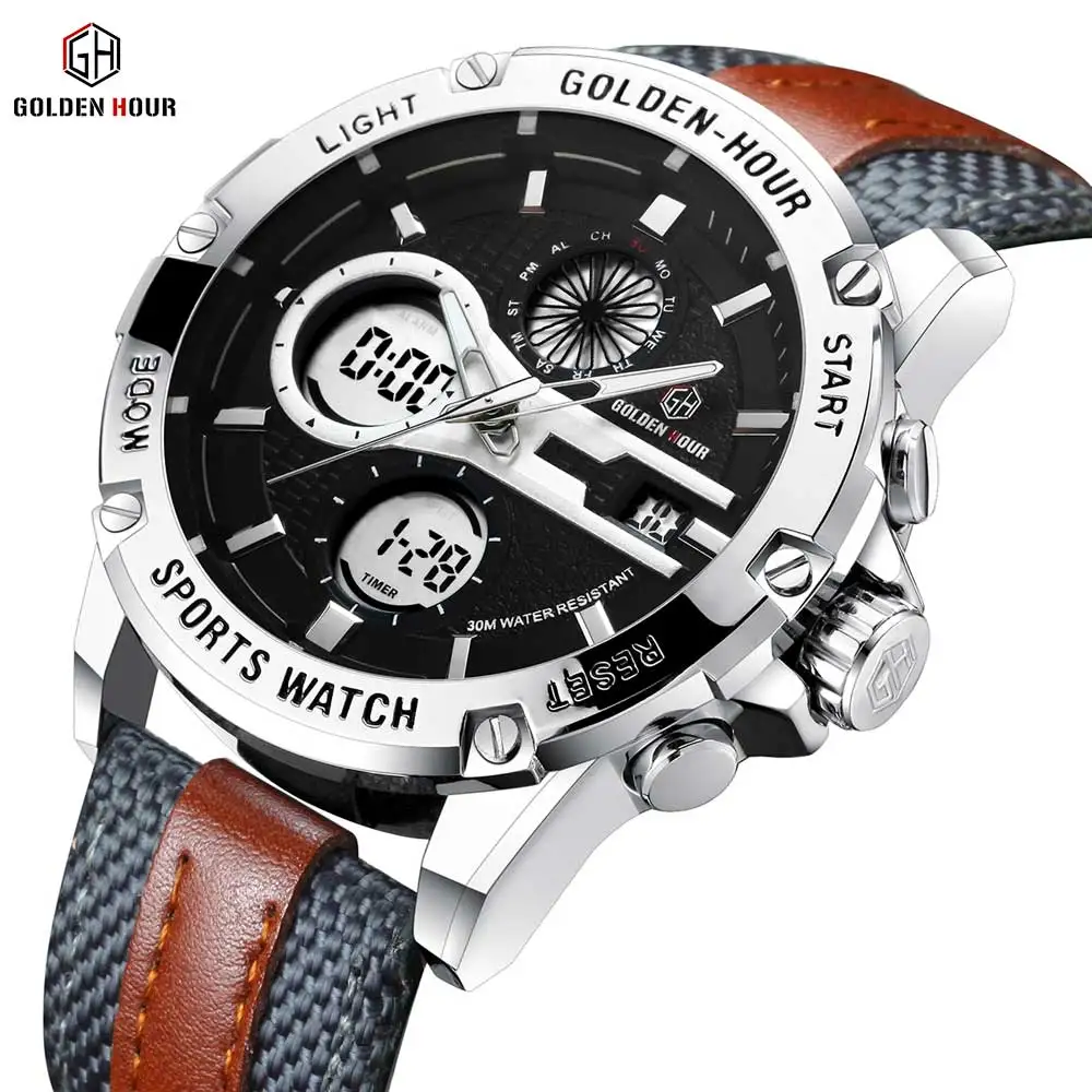 

GOLDENHOUR Military Sport Digital Watch Men Dual Time LED Calendar Waterproof Quartz Watches Nylon Leather Strap Brand Luxury