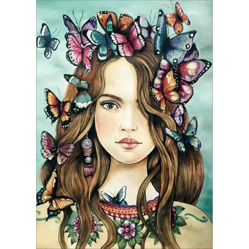 

5D DIY Full Drill Diamond Painting Cross Stitch Kit Mosaic Girl with Flower Butterfly Diamond Embroidery Home Wall Decor 40*30cm
