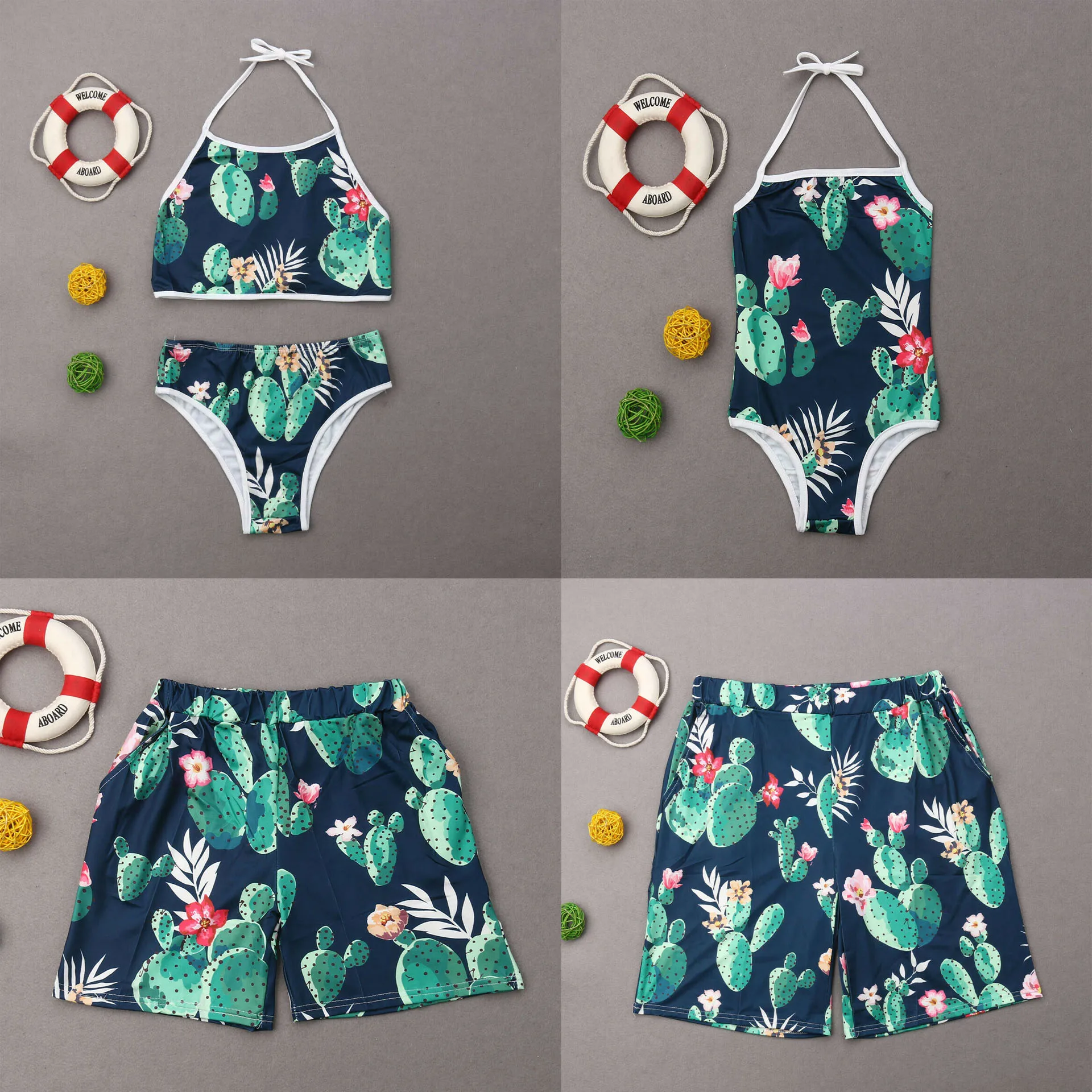 

Cactus Print 2019 Summer Family Parent-child Swimsuit Men Women Bikini Beach Party Swimwear Green Backless