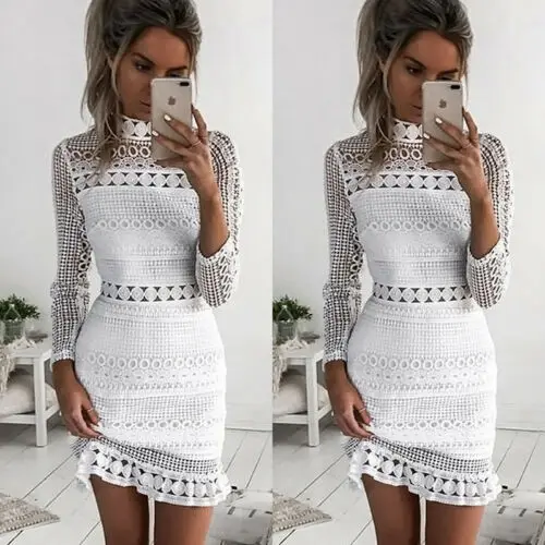 Для женщин повязки Bodycon с длинным рукавом праздничное кружевное короткое платье;