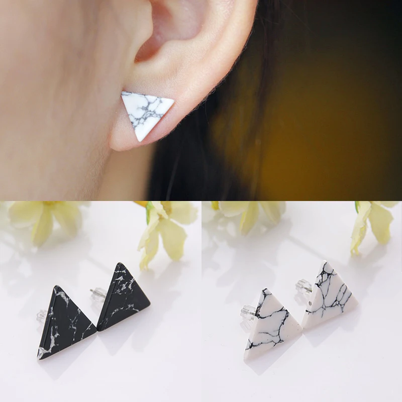 

White 1 Women Artificial Hot Marble Jewelry Triangle Girl Stone Punk Earrings Sale Lady Pair Stud Black