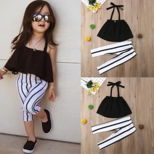 Модная Однотонная рубашка с открытыми плечами для новорожденных девочек топы, штаны в полоску, леггинсы комплекты из 2 предметов Милая одежда