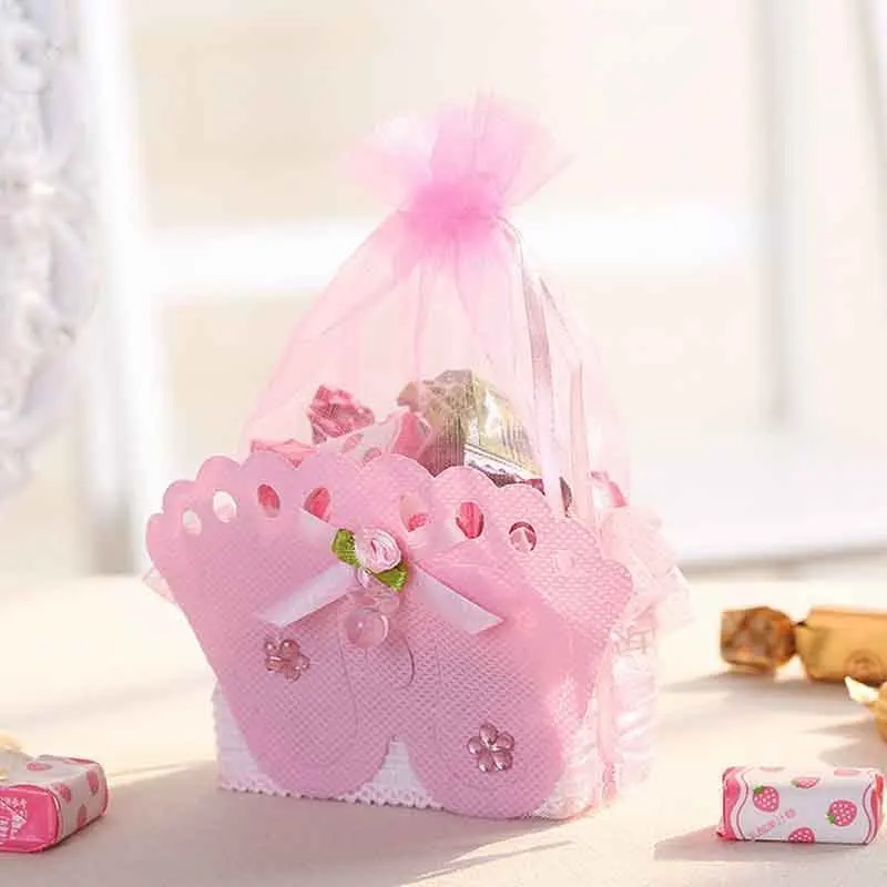 

12pcs Baby Foot Candy Box Footprints On The Beach Favour Free Ribbon Gift Box Baptism Candy Container Baby Shower Sweet Bag