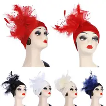 Для женщин цветок сетчатый, с перьями головной убор Обёрточная бумага вечерние Головные уборы мусульманский тюрбан Кепки Исламской капот платок арабских шапочки Skullies мода