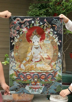 

Collection Chinese Tibet Buddhism Silk Satin Dragon Green Tara Guan Yin Thangka Painting Mural Exquisite Gift