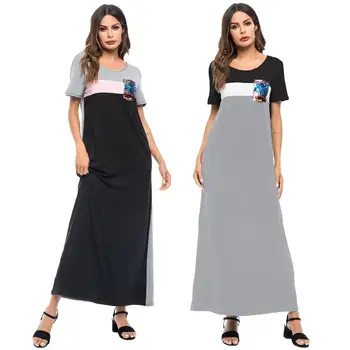 

Ramadan Muslim Women Sequins Patchwork Short Sleeve Maxi Dress Abaya Kaftan Robe Summer Dress Islamic Arab A-line Gown Casual