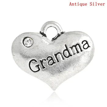 

Charm Pendants Heart Silver Color "Grandma" Message Carved Clear Rhinestone 16x14mm,20PCs (B32658)