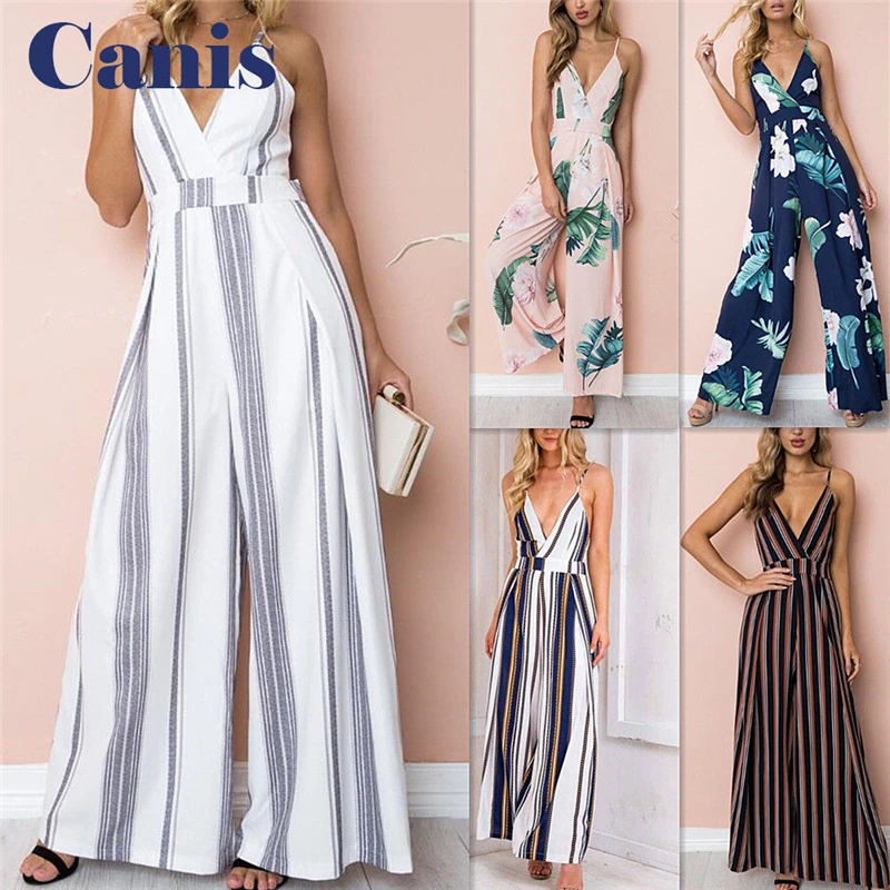 

Women Sleeveless Striped Jumpsuit Romper Casual Clubwear Wide Leg Pants Summer New Bodycon Backless Sexy Party Casual Outfits