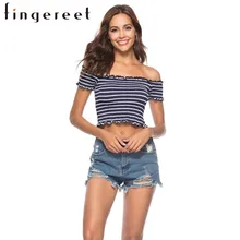 Летняя Новинка, короткая укороченная Футболка с воротником, женская футболка, топы, женская модная одежда, полосатая короткая футболка