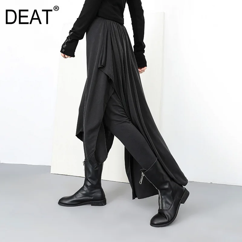 

[DEAT] 2019 New Spring Summer High Elastic Waist Loose Black False Two Irregular Stitch Pants Women Trousers Fashion Tide JL93