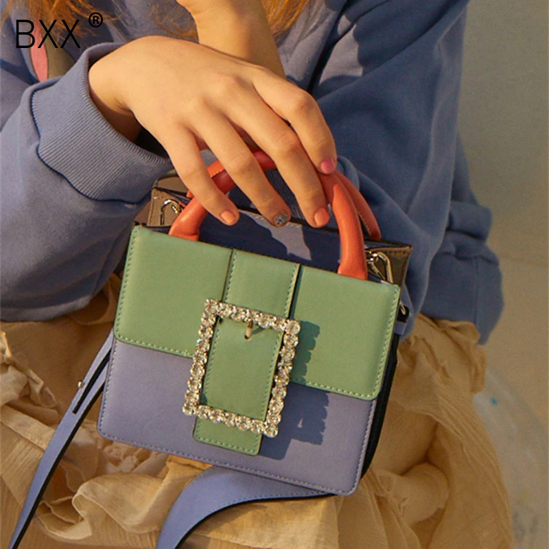 

[BXX] 2020 New Woman Spring Summer Hit Color Single Strap Double Handles Spliced Imitate Diamond PU Leather Messenger Bag LM716