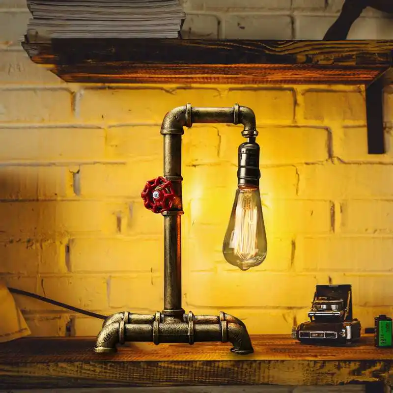 

Smuxi 110-240V Vintage Industrial Water Pipe Retro Table Lamp E27 Bronze Desk Light Bedroom Study Table Lamps