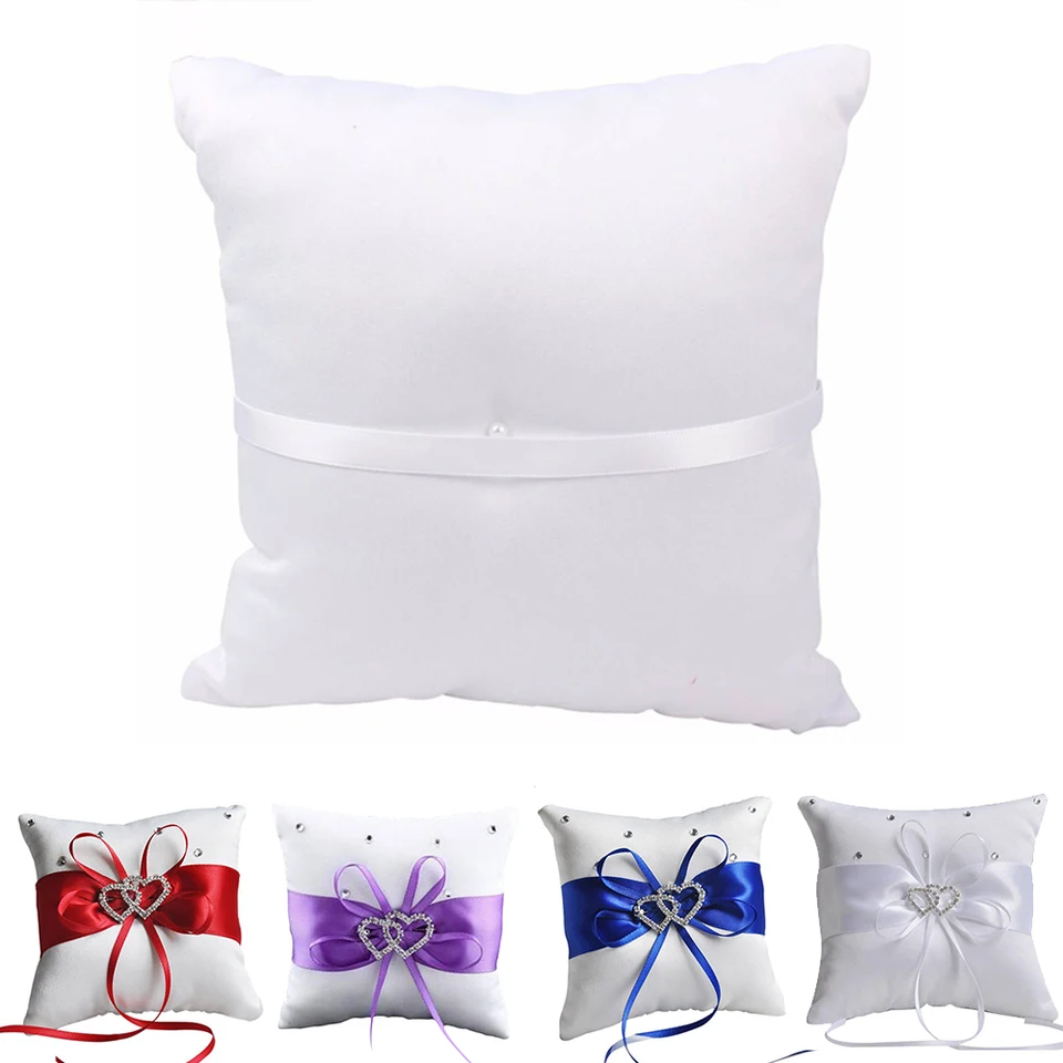 EG_ Romantic Wedding Ring Box Pillow Double Heart Ribbon Cushion Holder Decor Ho EG_ Romantic Wedding Ring Box Pillow Double Heart Ribbon Cushion Holder Decor Ho