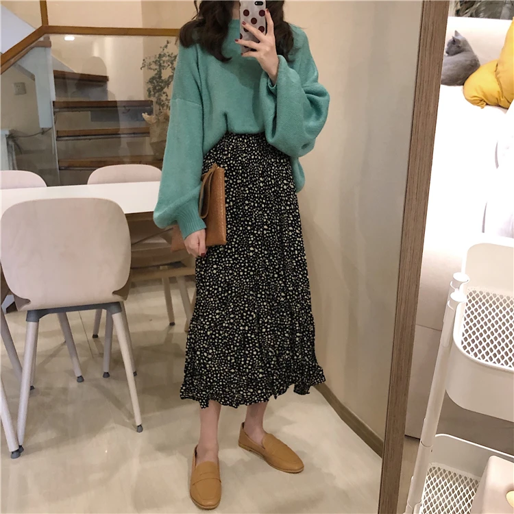 

Lychee Girls Dot Print Ruffles Patchwork Women Long Skirt Elastic Waist Female Skirt Spring Autumn Sweet Office Lady Style Skirt