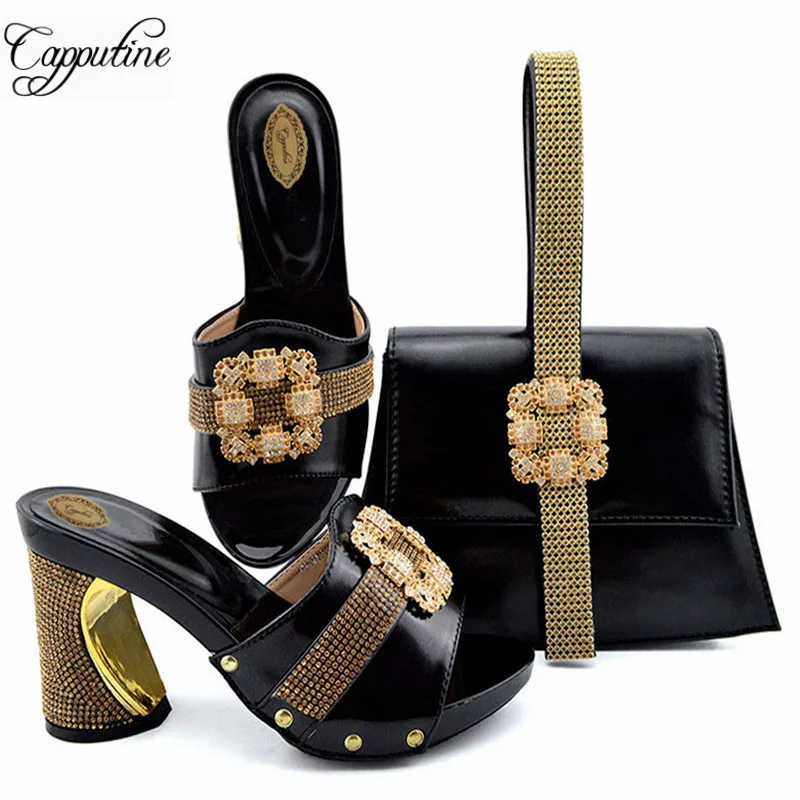

Capputine Fashion Nigeria Rhinestone Woman Slipper Shoes And Bags Set Summer Style High Heels Shoes And Purse Set For Party