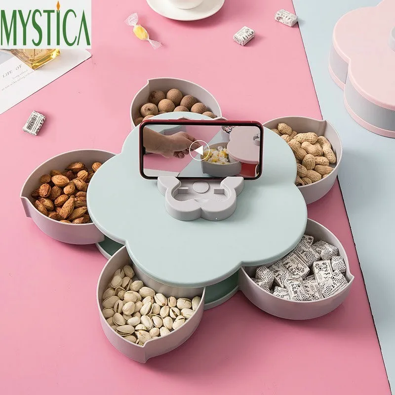 

Flower Petal-Shape Snack Candy Storage Box Creative Rotary Switch Partition Food Organizer Case Nut Fruit Melon Storage Holder