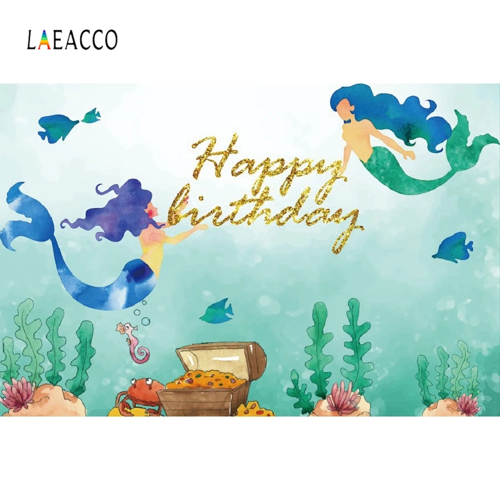 

Laeacco Baby Girl Birthday Mermaid Screen Party Photography Backgrounds Customized Photographic Backdrop For Photo Studio