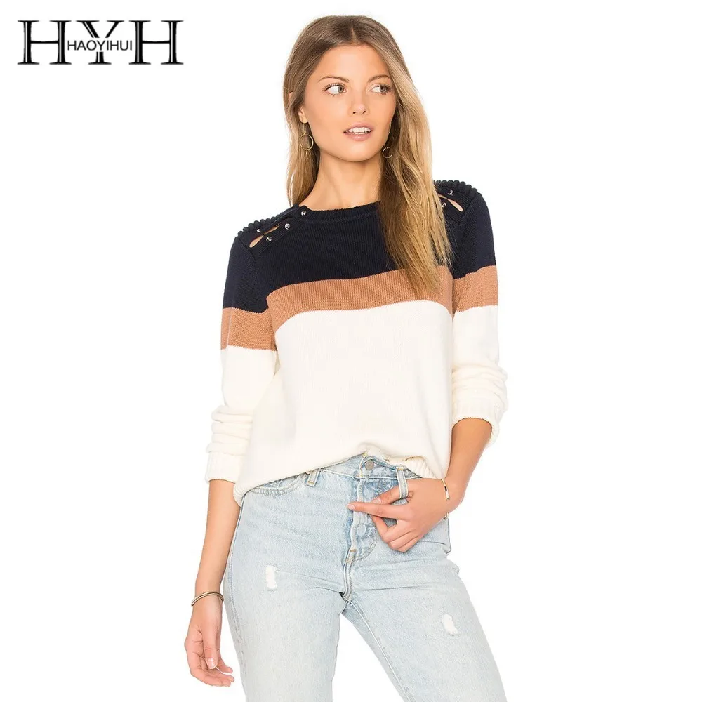 

HYH HAOYIHUI Fashion Simplicity New Arrival Sweet Academic Style Color Collision Splicing Leisure Long Sleeves Sweater