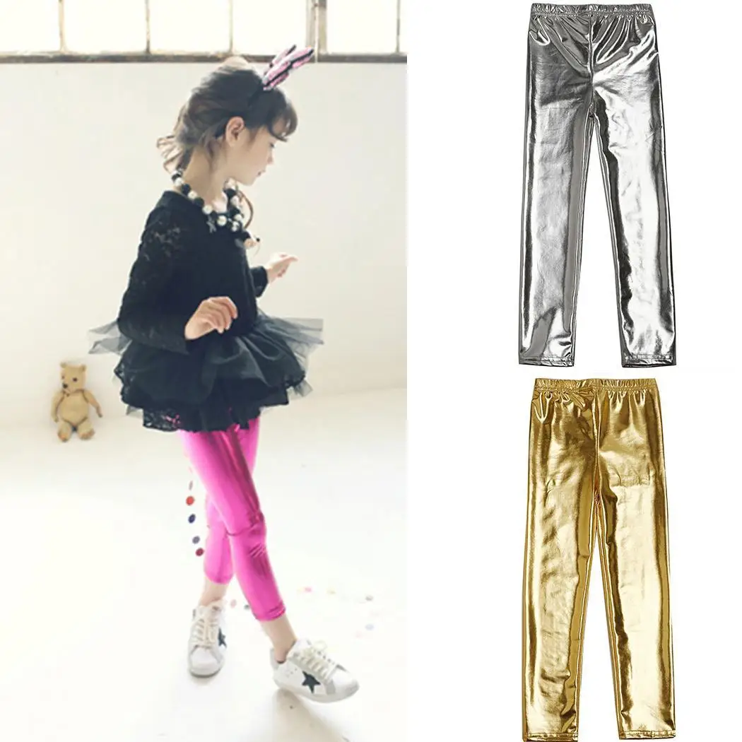 

2019 Hot Fashion Baby Girl Metallic Shiny Skinny Pants Leggings Leather Pants Casual Warm Thin Slim Trousers