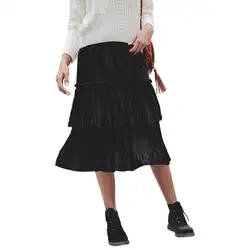 Модные весенние однотонные Цвет женские юбки бархат Высокая Талия многослойное платье с рюшами Для женщин вечерние уличная мода