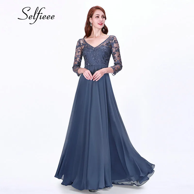 

New Fashion A Line V Neck Long Spring Dress women Elegant Blue Appliques Embroidery Party Dress Everning Robe Pull Femme Hiver