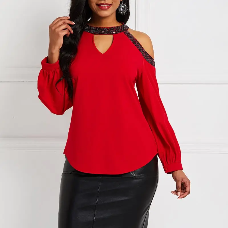 

Off Shoulder Women Blouse Beads Hollow Loose Casual Red Plus Size Long Sleeve Tops Summer 2019 Ladies Fashion Club Sexy Blouses