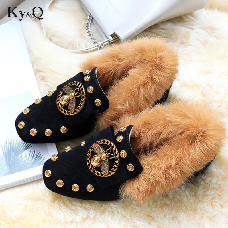 

2018 Brand Designers Black Metal Flat Leather Plush Fur Slides Casual Loafers Woman Low 3cm Heels Shoes 35-40