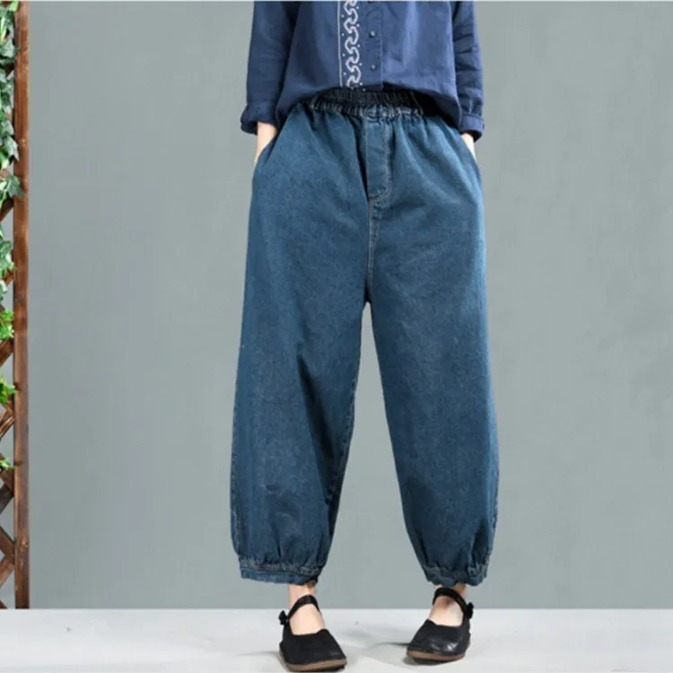 Горячая мода весна отбеленные свободные штаны Для женщин простой эластичной резинкой на талии джинсовые штаны Винтаж карманов Твердые