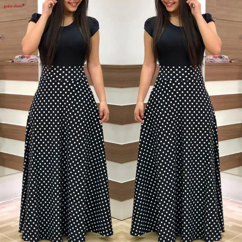 

Printed Dot Dress Women Summer Short Sleeve Spliced Big Hem Female Long Dress Maxi Beach Vestido Plus Size Woman Clothes 4XL 5XL