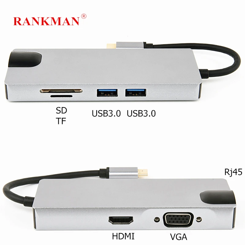 Rankman Type-C to VGA HDMI Adapter USB3.0 USB-C PD Charging Hub SD TF Card Reader Ethernet RJ45 Converter for TV MacBook Phone Rankman Type-C to VGA HDMI Adapter USB3.0 USB-C PD Charging Hub SD TF Card Reader Ethernet RJ45 Converter for TV MacBook Phone
