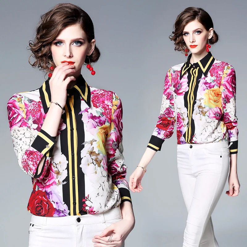 

Womens Tops Blouses 2019 Spring New Runway Designer Long Sleeve flower Ladies Blouses Shirts Print Vintage Office Shirt