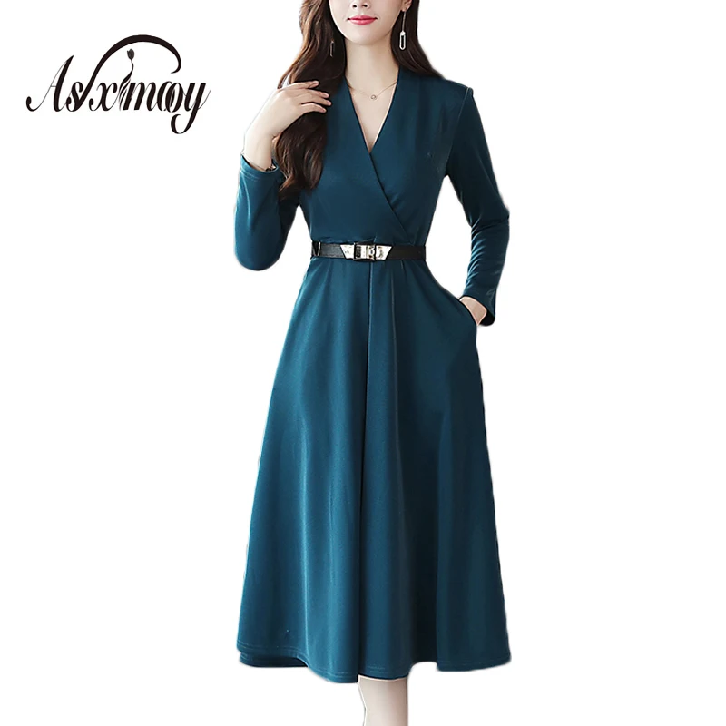 

Formal Dress Women Elegant V-neck A-line Autumn Winter Belt Slim Waist Maxi Dress Long Sleeve Work Wear Office Women Dress 2018