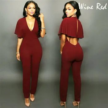 

Women Solid Color Slim-fit Jumpsuit Trousers V-Neck Bodycon Bodysuit Clothes