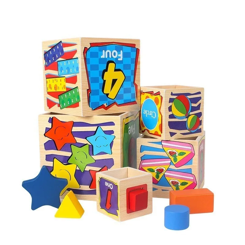 

Kids Wooden Toys 5 Box Colorful Creative Geometric Assembling Blocks Early Learn Educational Toys For Kindergarten