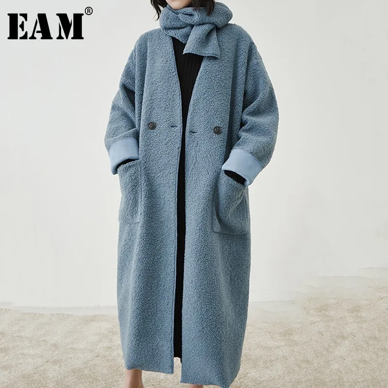 [EAM] 2019 New Spring Winter V-collar Long Sleeve Blue Double Breasted Big Size Woolen Coat Women Parkas Fashion Tide JL247