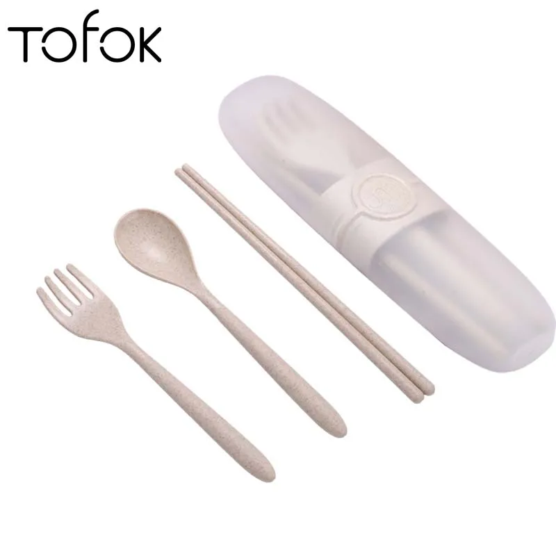 

Tofok Wheat Straw Spoon Fork Chopsticks Cutlery Set Portable Box School Office Travel Camping Picnic Adult Child Gift Dinnerware