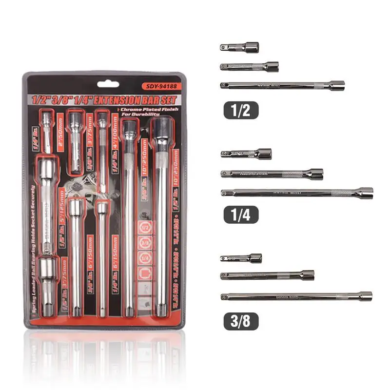 9PCS Sleeve Extension Rod Set Mirror Polishing Multi Function Set 1/2" 3/8" 1/4" Hex Handle
