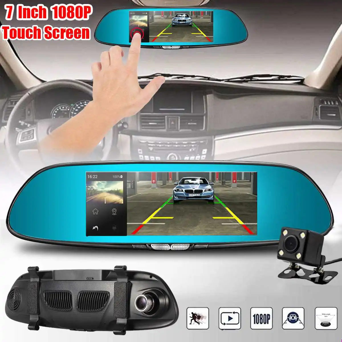 

FHD 1080P 7 Inch Dual Lens Rear View Mirror Dash Reversing Camera Car DVR 170 Degree Touchable Dash Camera Digital Video Recorde