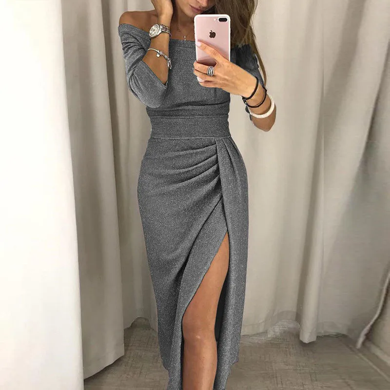 S-2XL Slash шеи Vestido Женские вечерние туфли модные женские туфли с открытыми плечами Разделение плиссированные платья 3/4 рукав Блестки для ночного клуба, Открытое платье без рукавов