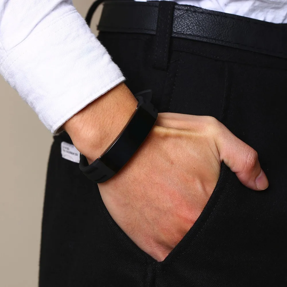 Персонализированный Силиконовый браслет, черный ремешок для часов, браслет на запястье ID Elite, 16 мм, нержавеющая сталь, идентификационная бирка, регулируемый браслет с гравировкой