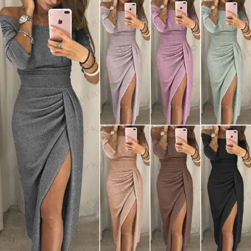 UK Womens Cocktail Party Long Sleeve Bodycon Clubwear Long Split Dress Size  6 16|Dresses| - AliExpress